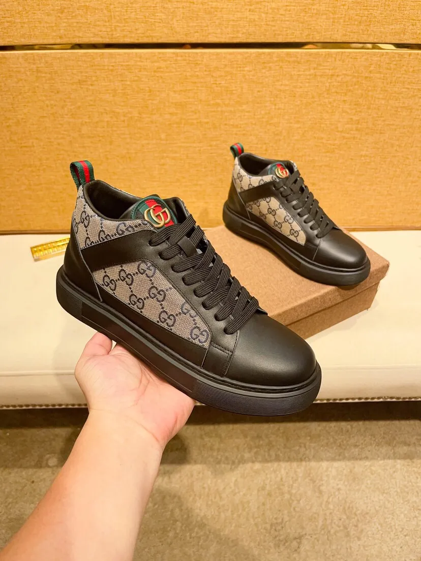Factory price 460 [Gucci] Gucci's latest high-top casual Korean-style men's shoes, new autumn and winter design, perfect workmanship, cabinet quality, upper: cowhide material, leather lining; soft and comfortable, rubber outsole ultra-light, wear-resistant, simple, versatile fashion men's shoes, color optional, size 38--44